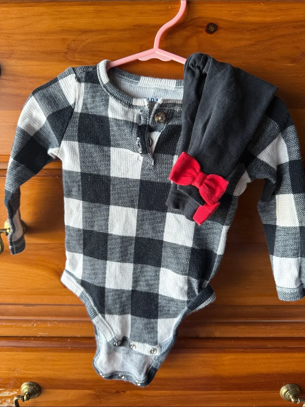 Old Navy Black & White Buffalo Plaid One-Piece with Red Bow Accent